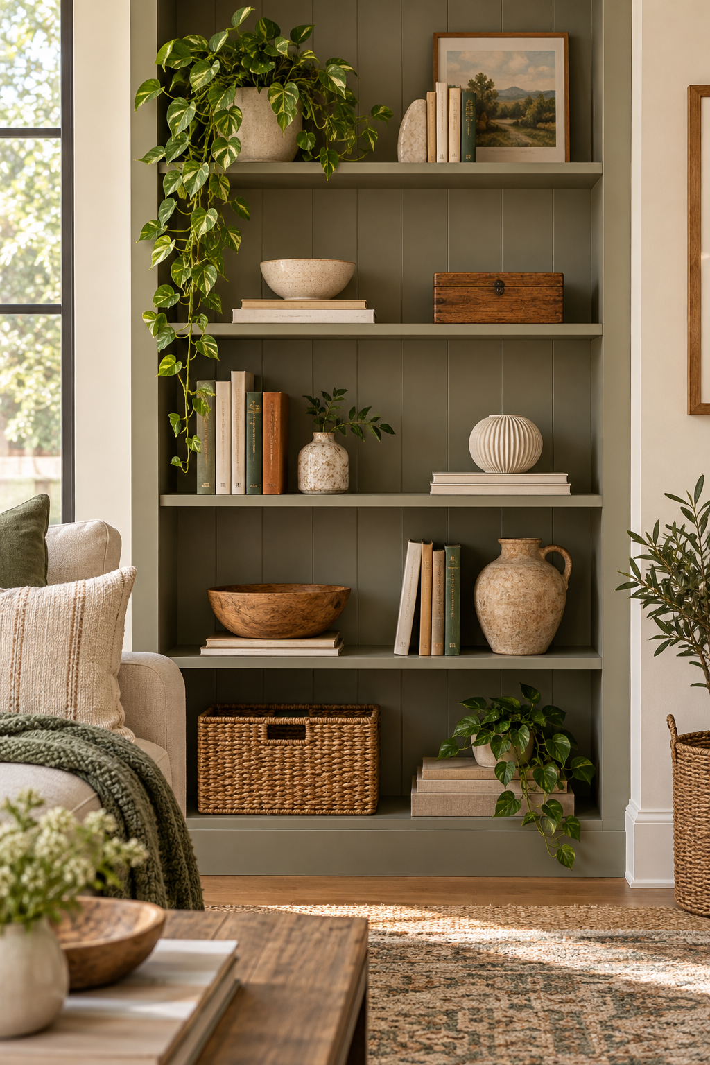 A carefully edited bookshelf with books, pottery and open space