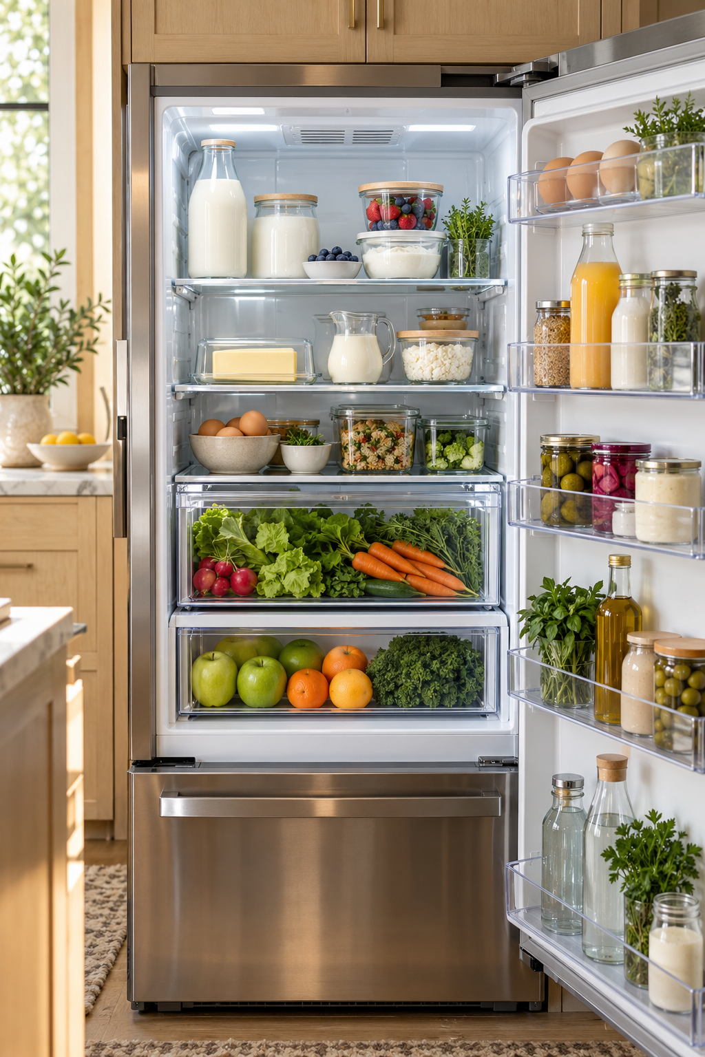Keep Dairy Together in the Cold Zone in a clean organized refrigerator