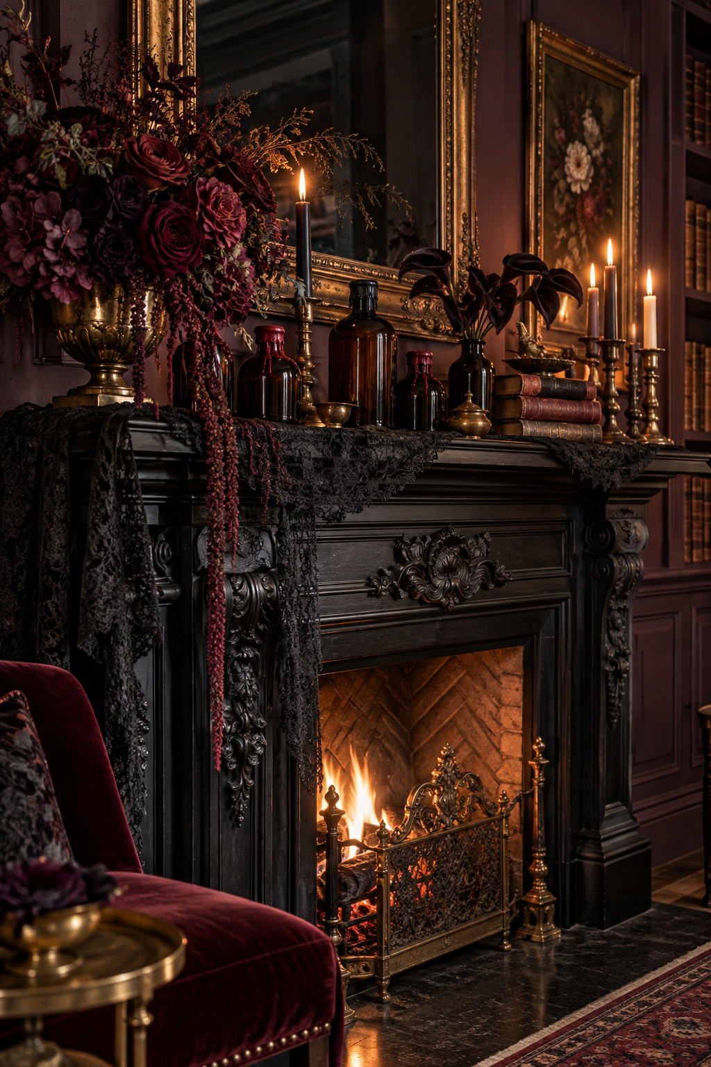 Use Wax-Sealed Apothecary Bottles styled as gothic Victorian Halloween mantel ideas