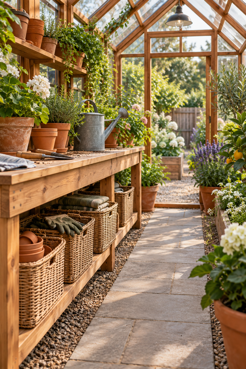Use Woven Baskets for Storage inside a beautiful garden greenhouse