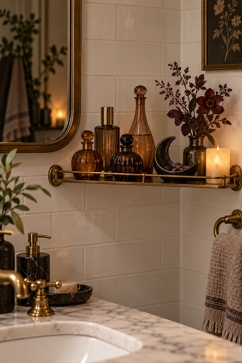 Style a Witchy Perfume Shelf styled as Halloween bathroom decor ideas
