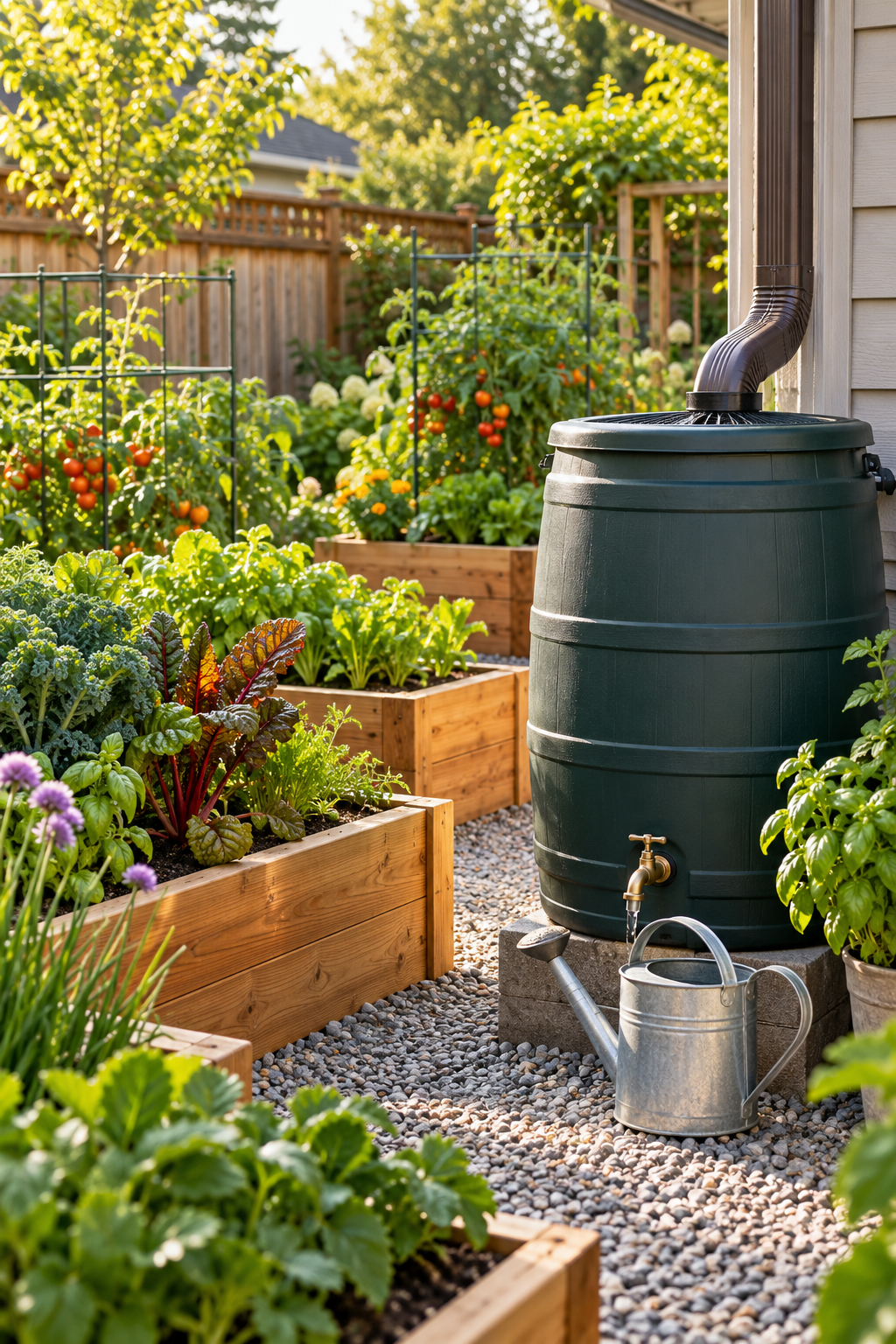 Install a Rain Barrel near the Beds in a small backyard garden
