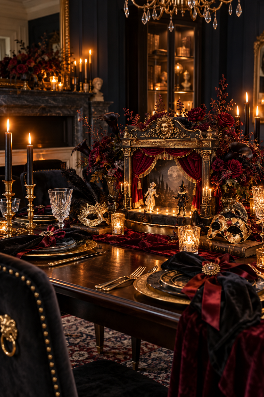 Use Miniature Theater Props styled as Halloween masquerade tablescape ideas