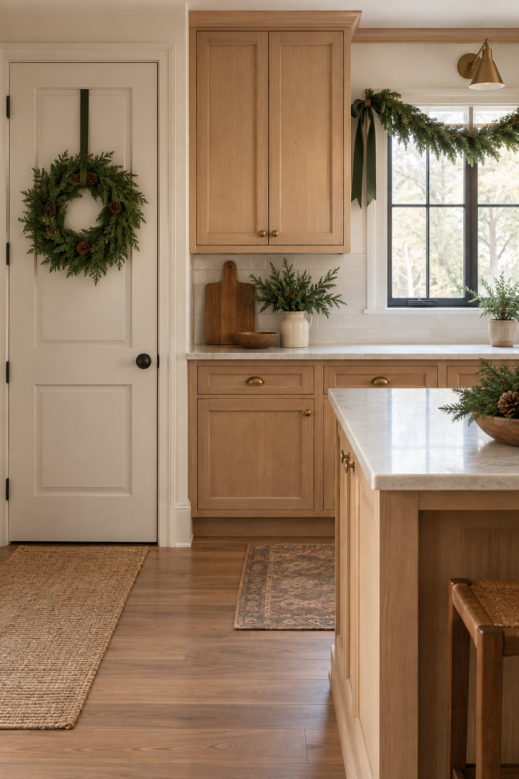 Natural Christmas kitchen with cedar wreath on cabinet and clear work surfaces
