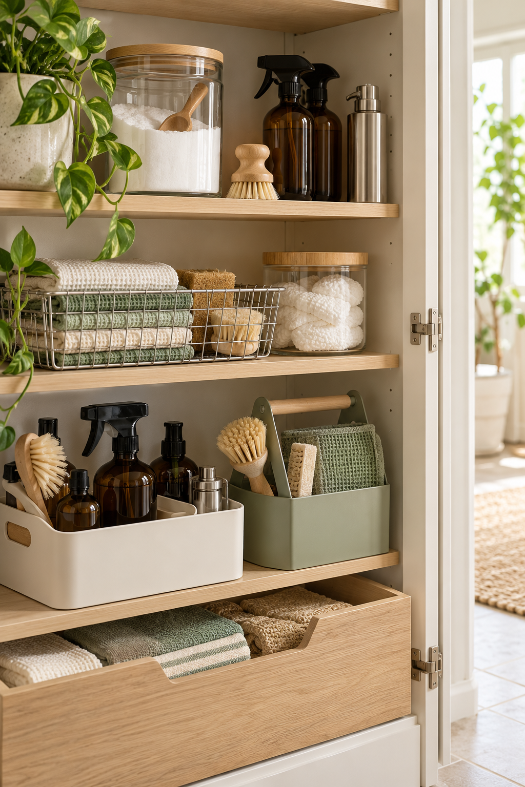 Store Baking Soda in a Sealed Container in an organized naturally minded cleaning station