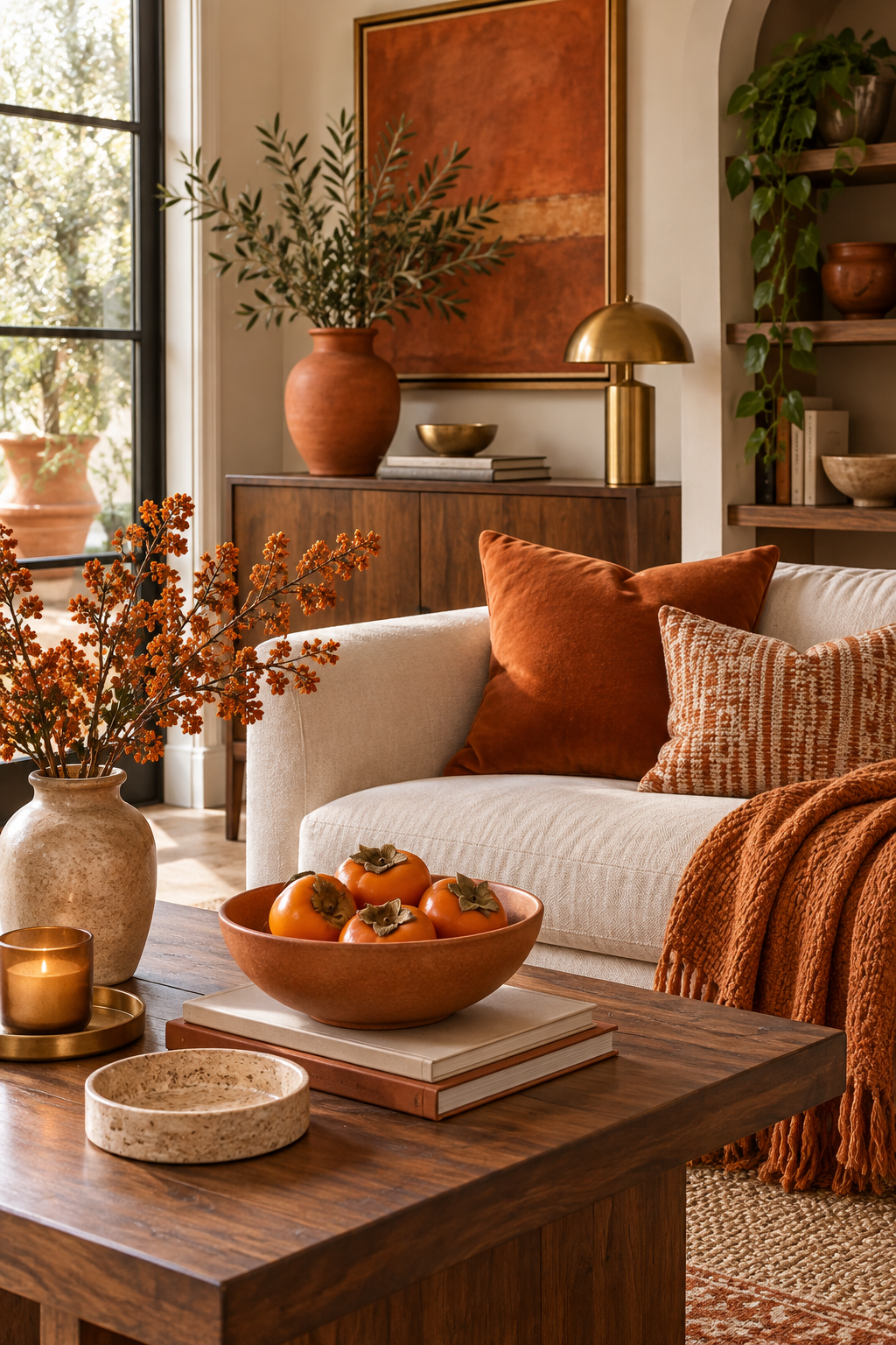 Persimmon frame the fireplace