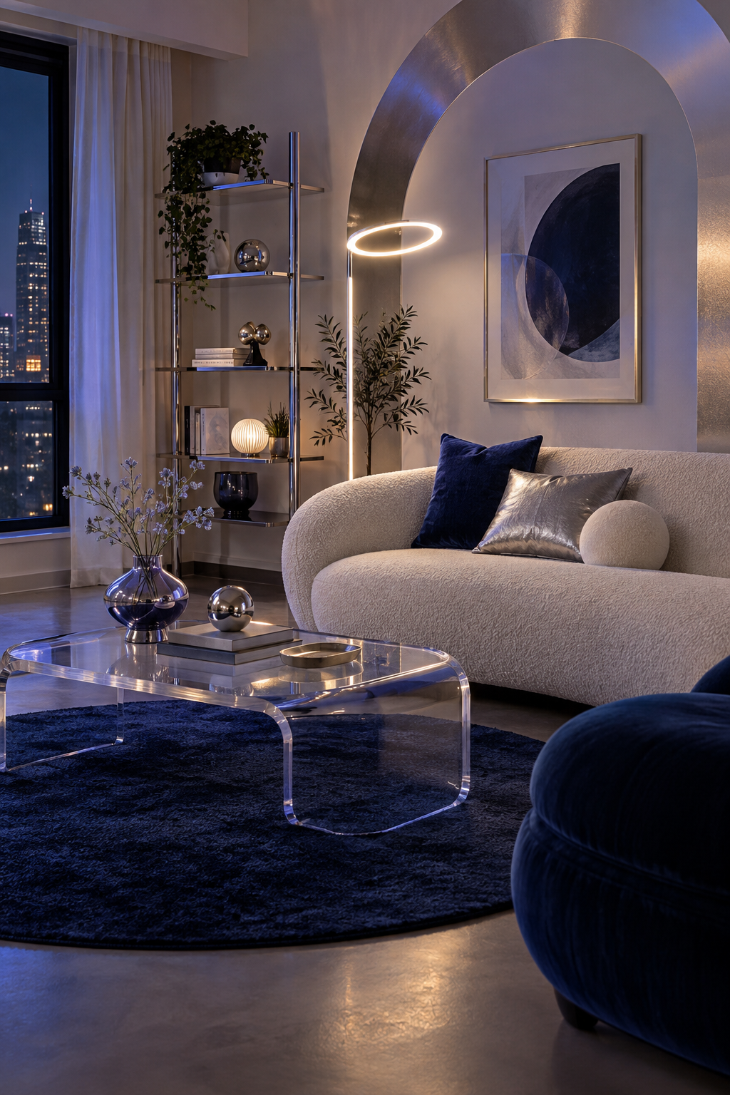 Renter-friendly celestial living room with removable lighting and portable decor