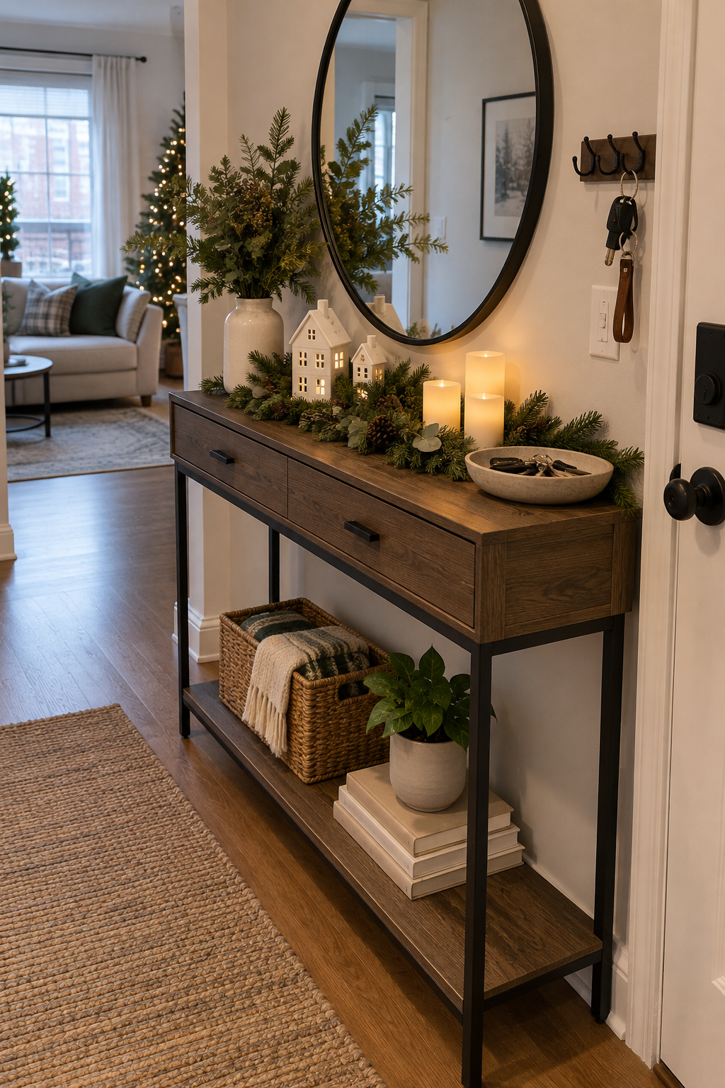 Style an apartment console as a Christmas mantel
