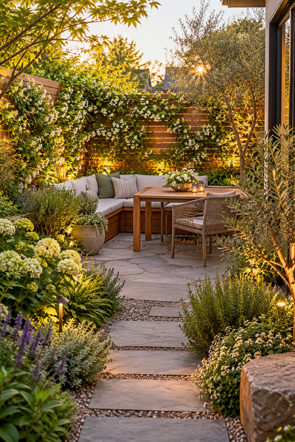 Train Climbers on a Privacy Screen in a small backyard garden