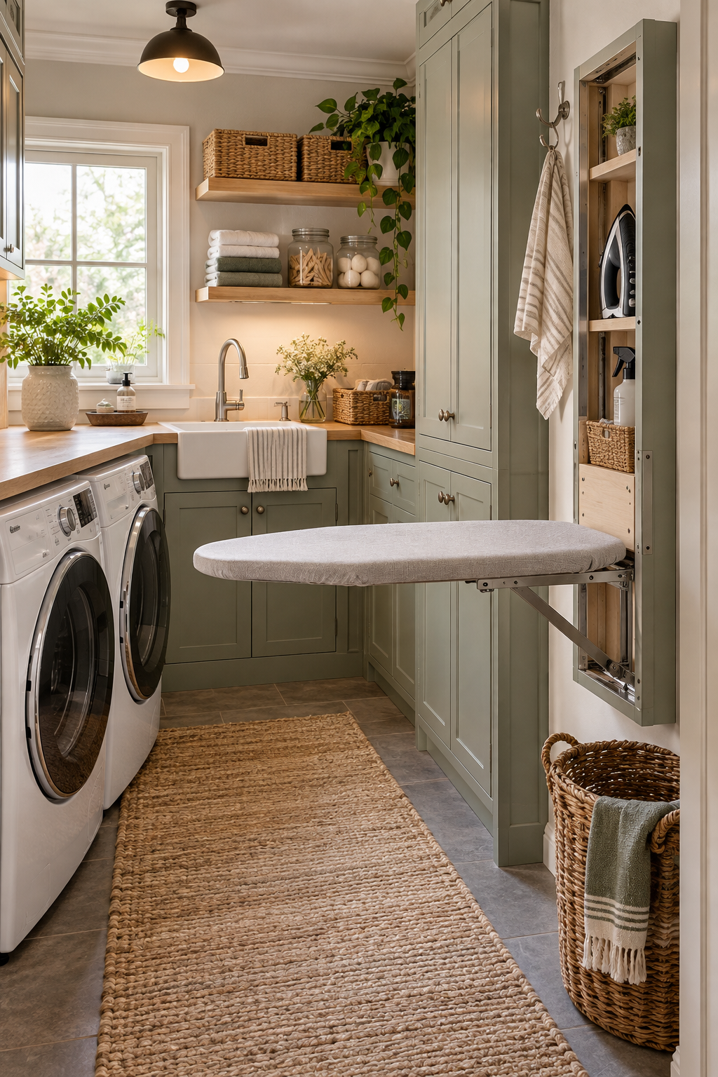 Add a Fold-Down Ironing Board in a compact organized laundry room