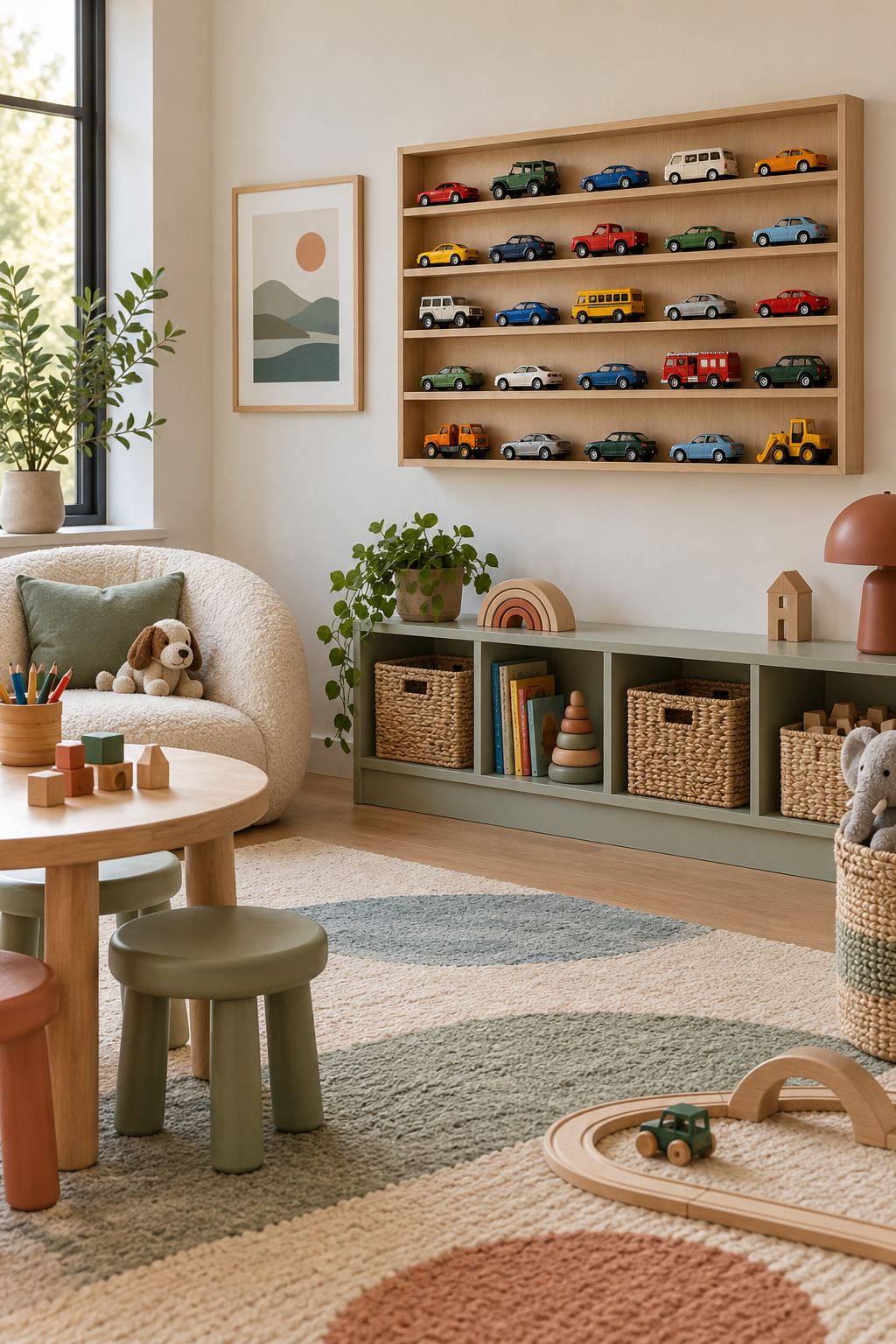Organize Toy Cars in Slim Wall Shelves in a stylish organized playroom