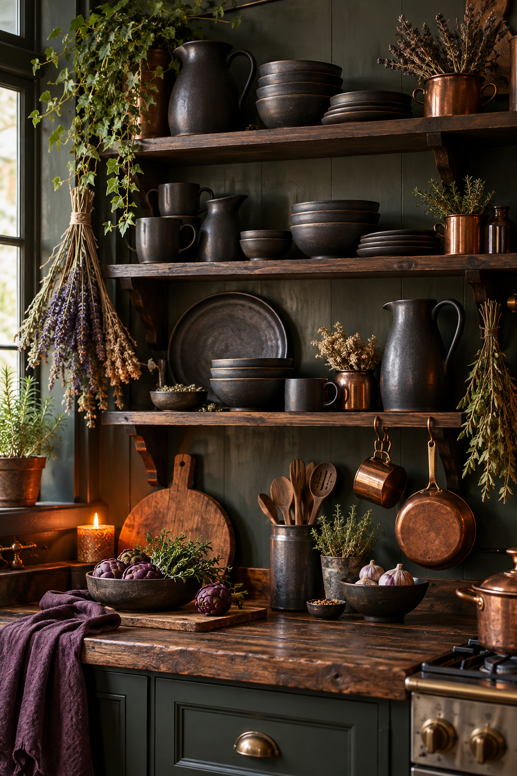 Display Black Stoneware on Open Shelves styled as witchy kitchen decor ideas