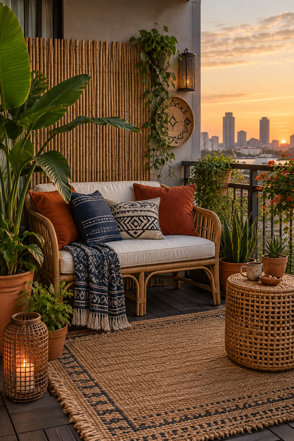 Afrobohemian apartment balcony with rattan loveseat, indigo cushions, bamboo screen and terracotta plants