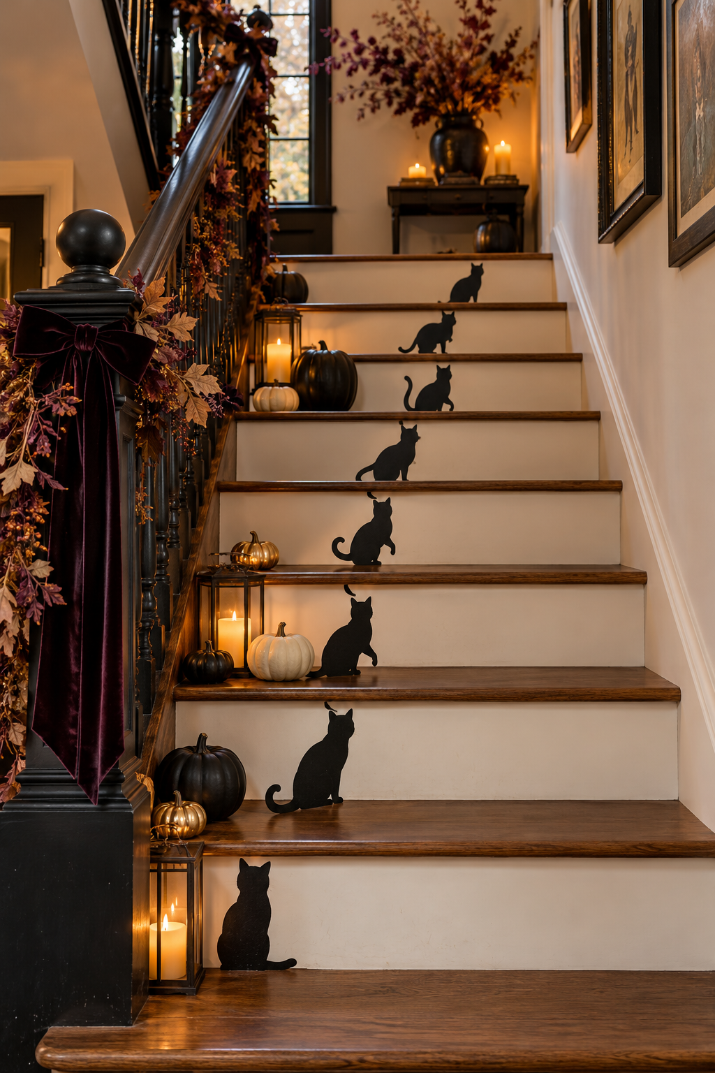 Create a Staircase of Cat Silhouettes styled as black cat Halloween decor ideas