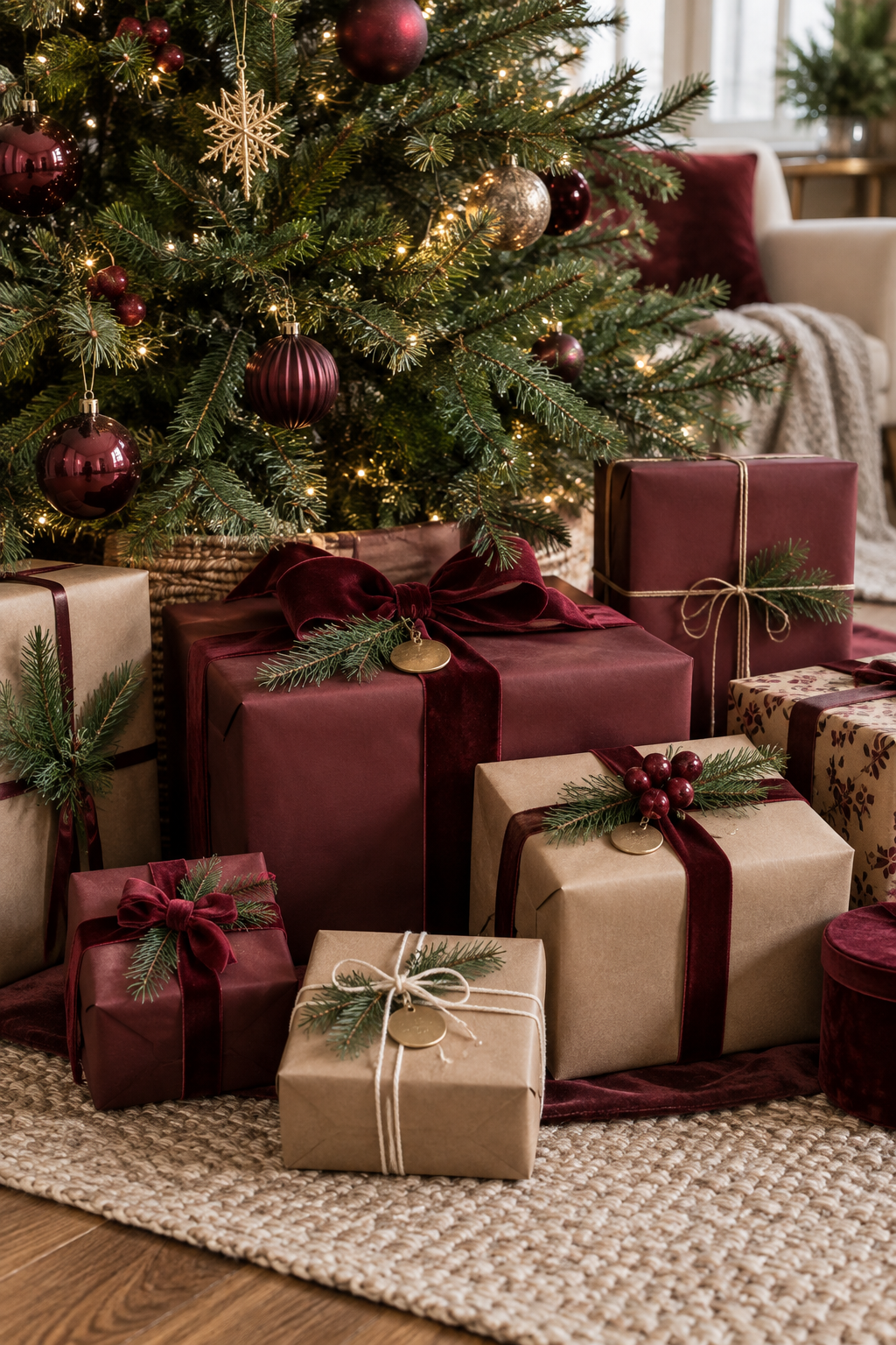 Burgundy gift wrap with velvet ribbon, kraft paper and brass details