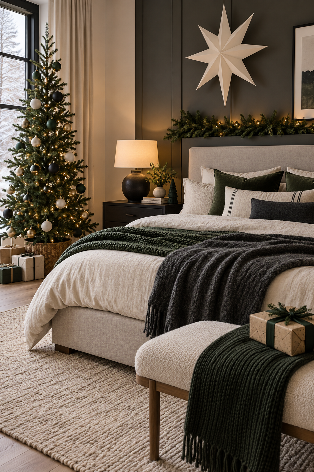 Modern Christmas bedroom with charcoal accents, green tree and clean-lined neutral bedding