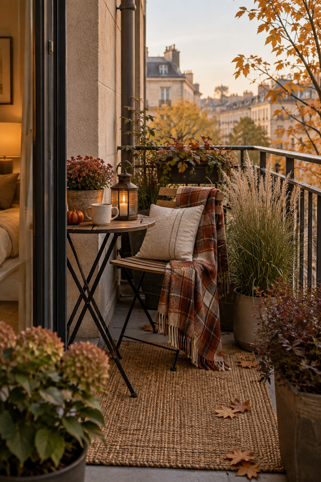 Tiny apartment balcony styled for fall