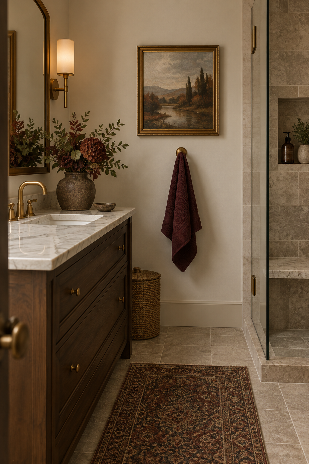 Burgundy accent in elegant fall bathroom