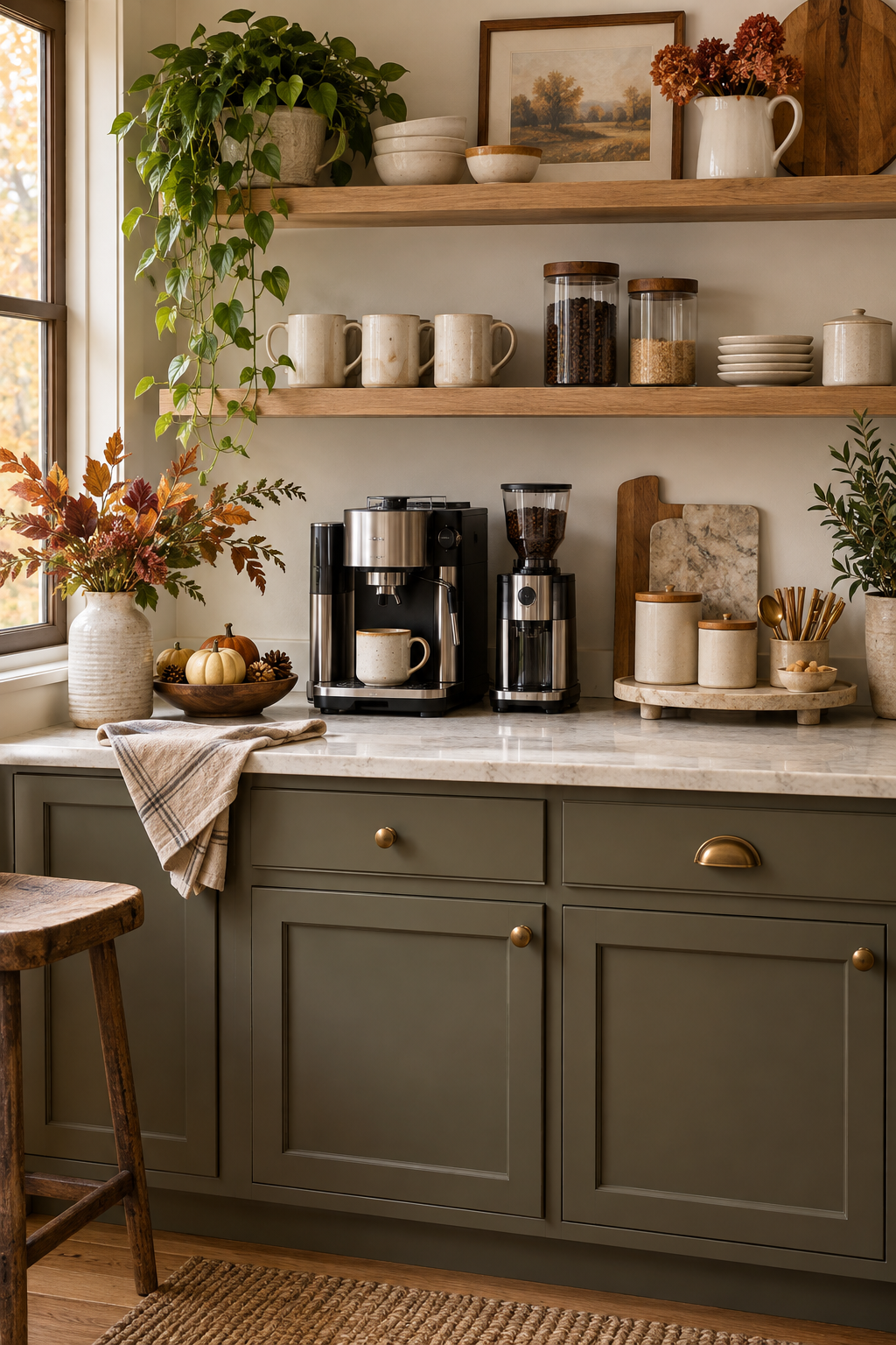 Neutral fall coffee bar with cream ceramics