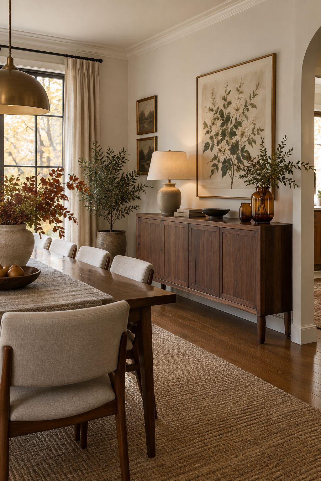 Restrained fall styling on a dining room sideboard