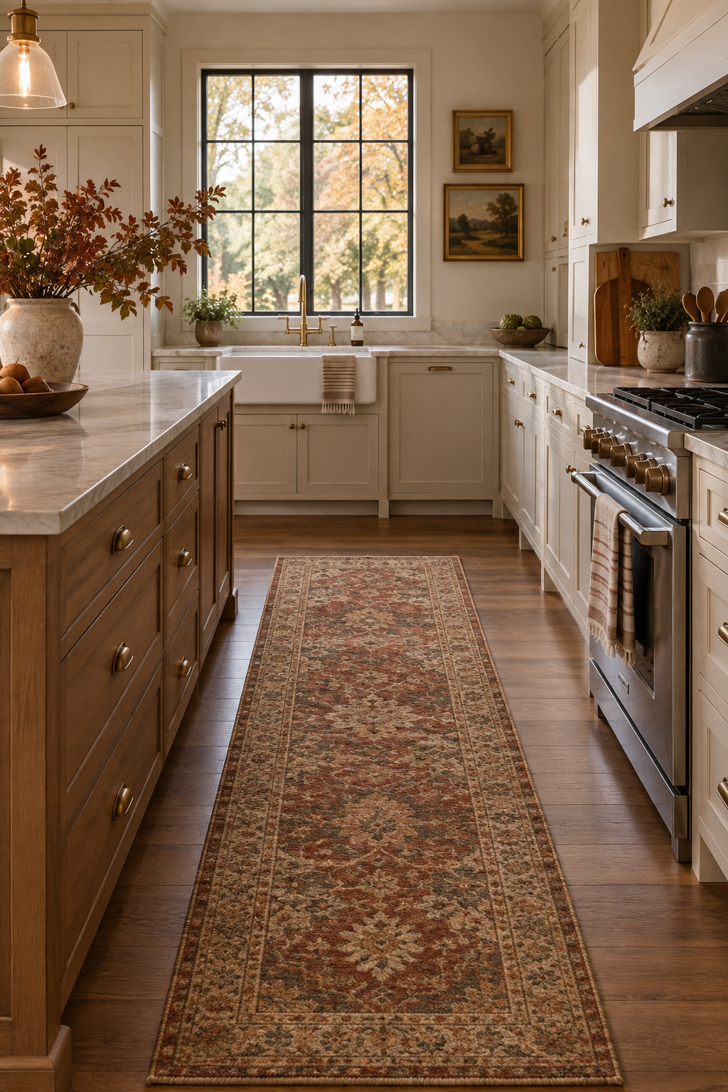 Earthy runner in cozy fall kitchen
