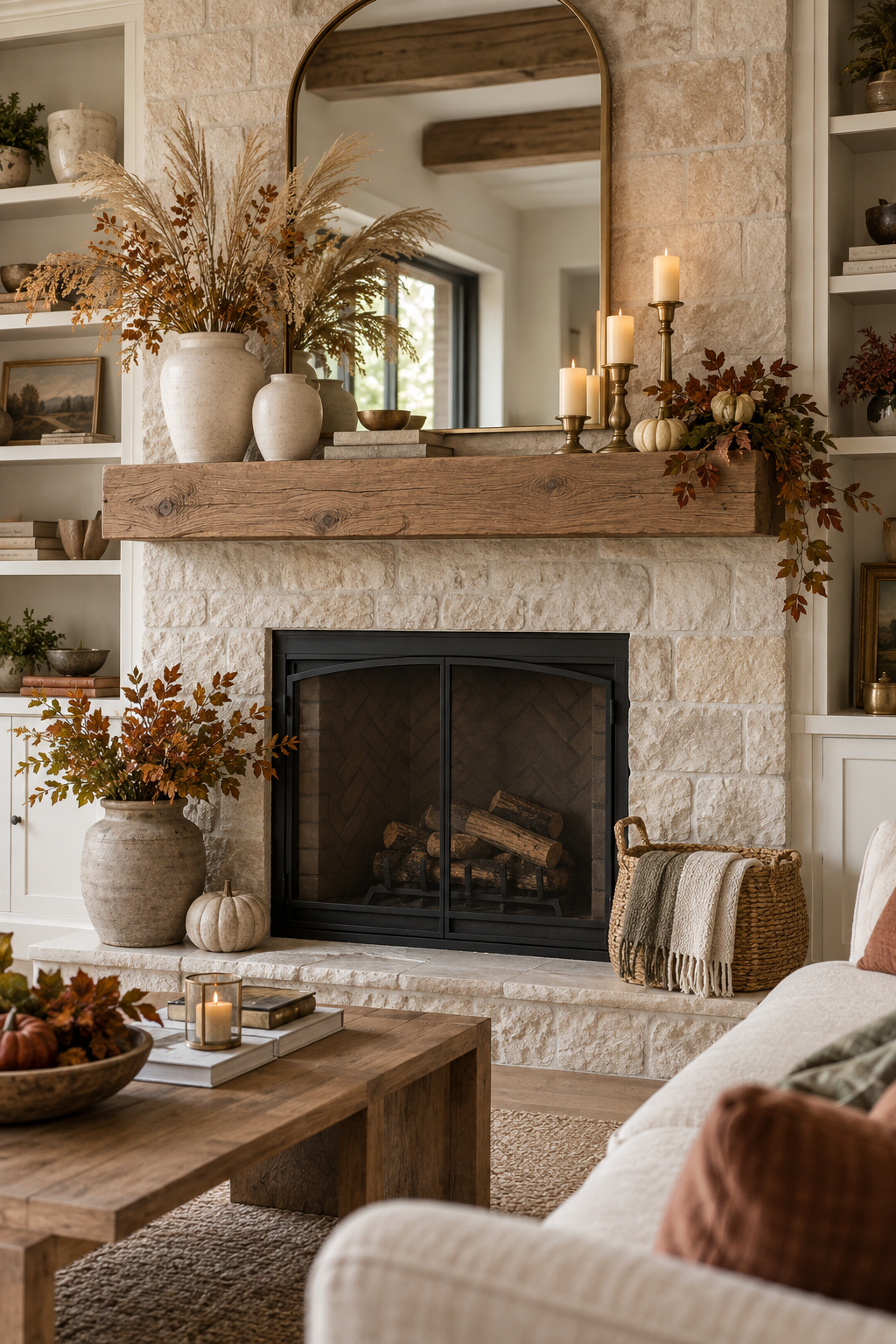 Soft neutral fall mantel with cream ceramics
