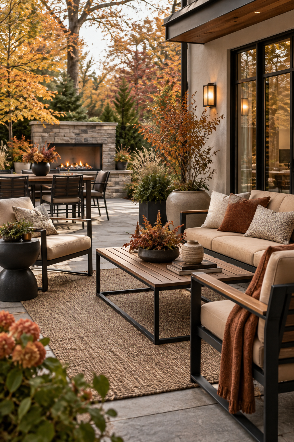 Modern fall patio with camel and black accents
