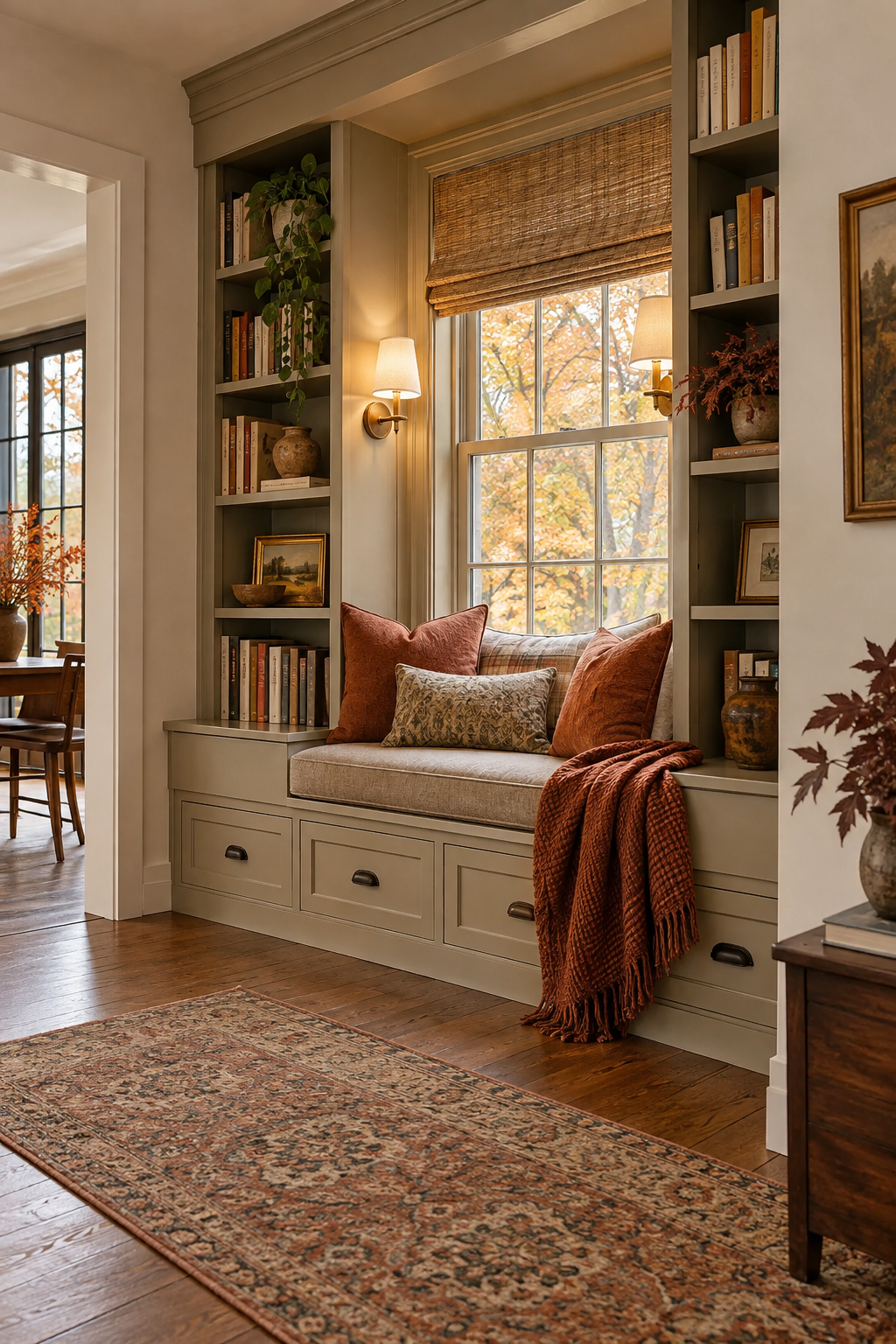 Built in library alcove with autumn textiles