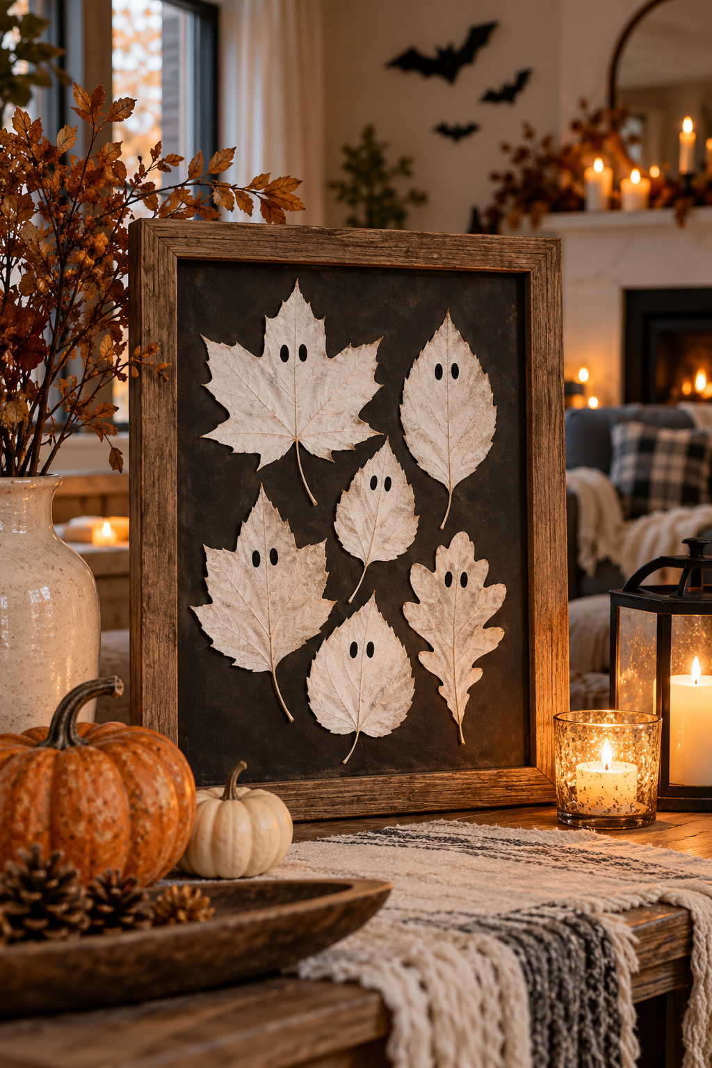 Turn White Leaves into Ghost Art styled as DIY ghost decor ideas