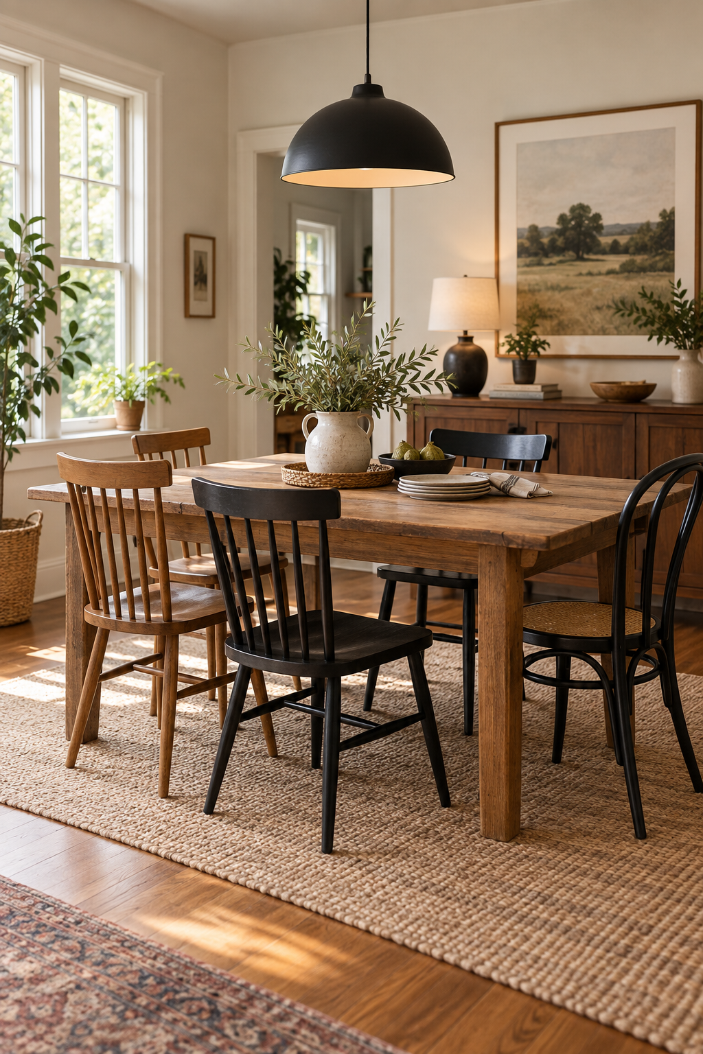 A welcoming first-home dining area with coordinated mismatched chairs
