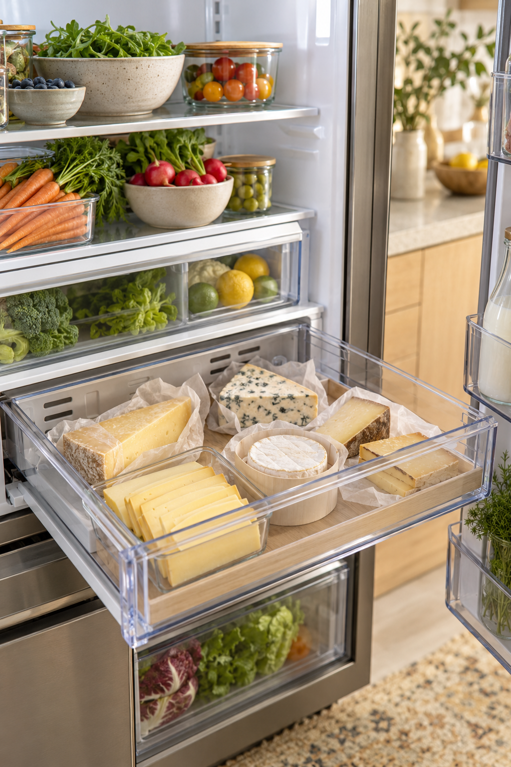 Create a Dedicated Cheese Drawer in a clean organized refrigerator