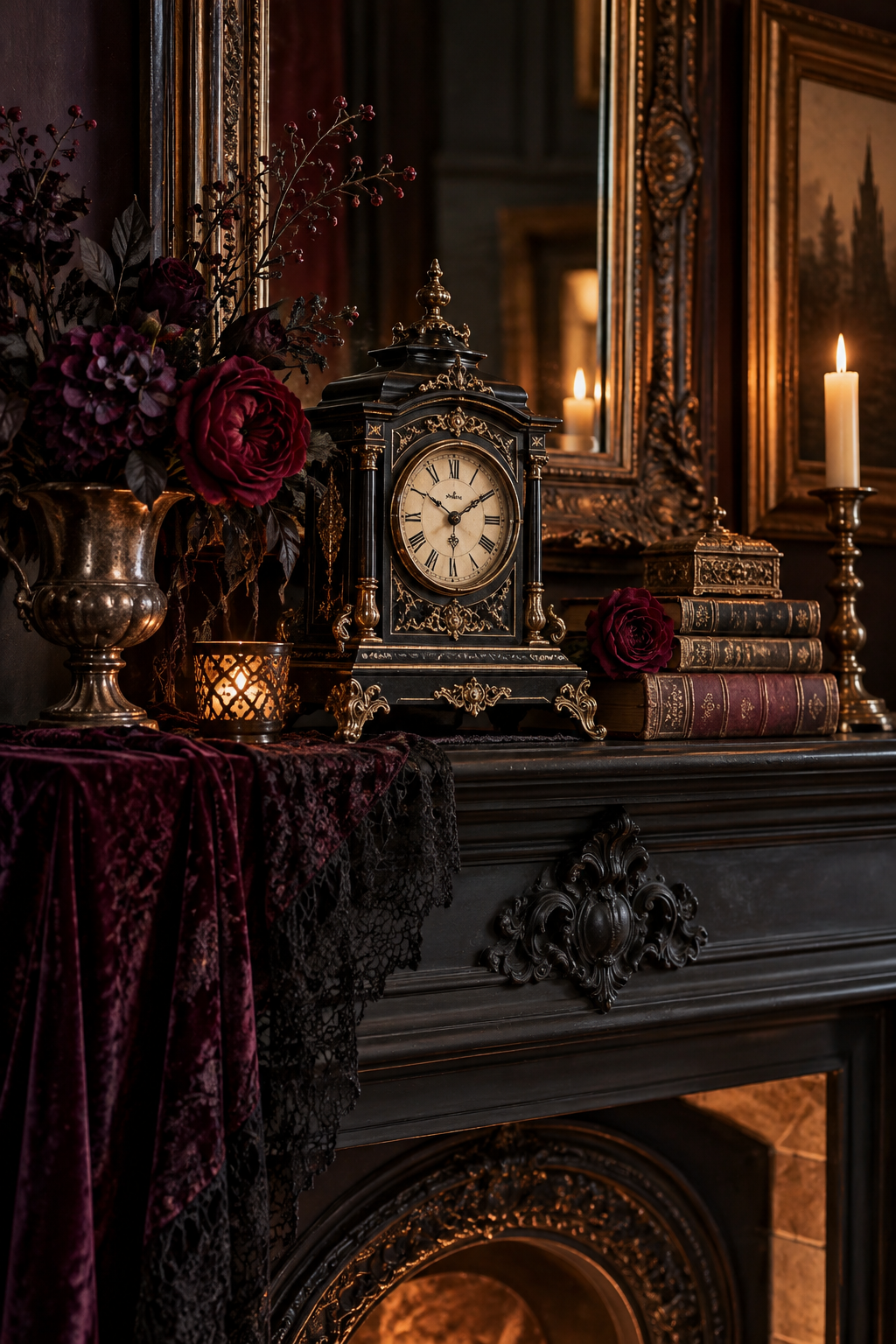 Create a Gothic Clock Vignette styled as gothic Victorian Halloween mantel ideas