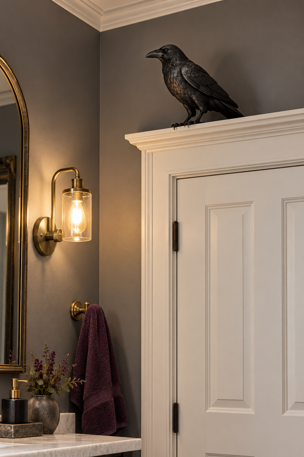 Add a Raven above the Door styled as Halloween bathroom decor ideas