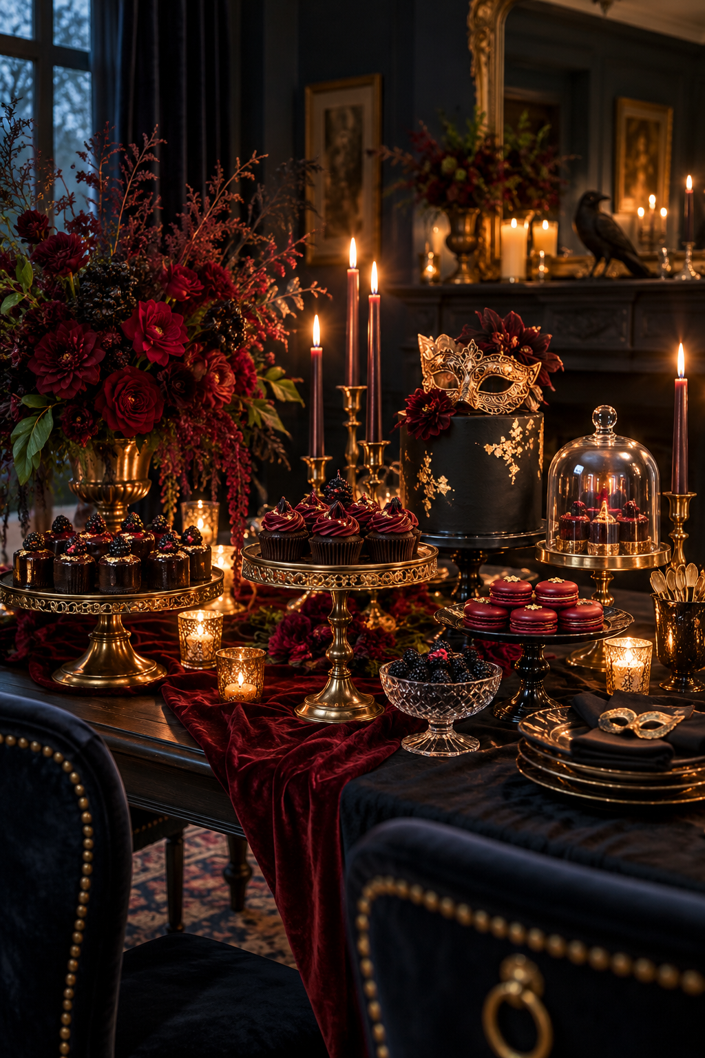 Build a Candlelit Dessert Station styled as Halloween masquerade tablescape ideas
