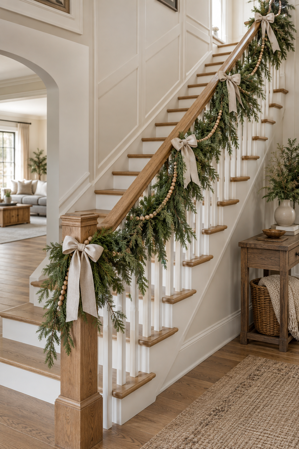 Wood staircase banister with airy evergreen garland and linen bows