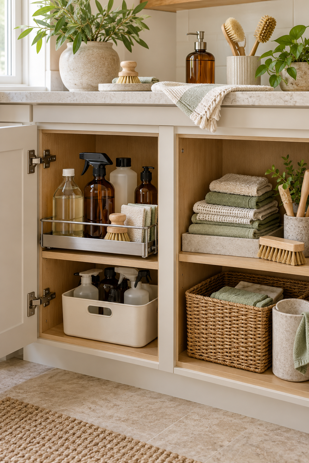 Keep Vinegar Away from Natural Stone Supplies in an organized naturally minded cleaning station