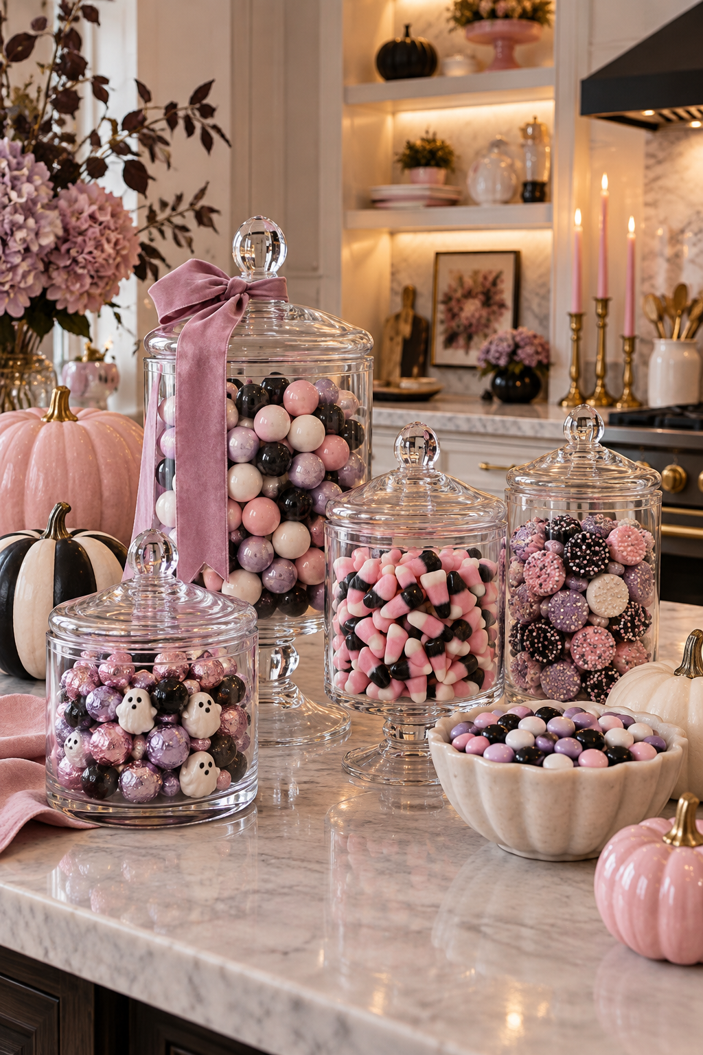 Fill Glass Jars with Color-Coordinated Candy styled as pink Halloween decor ideas