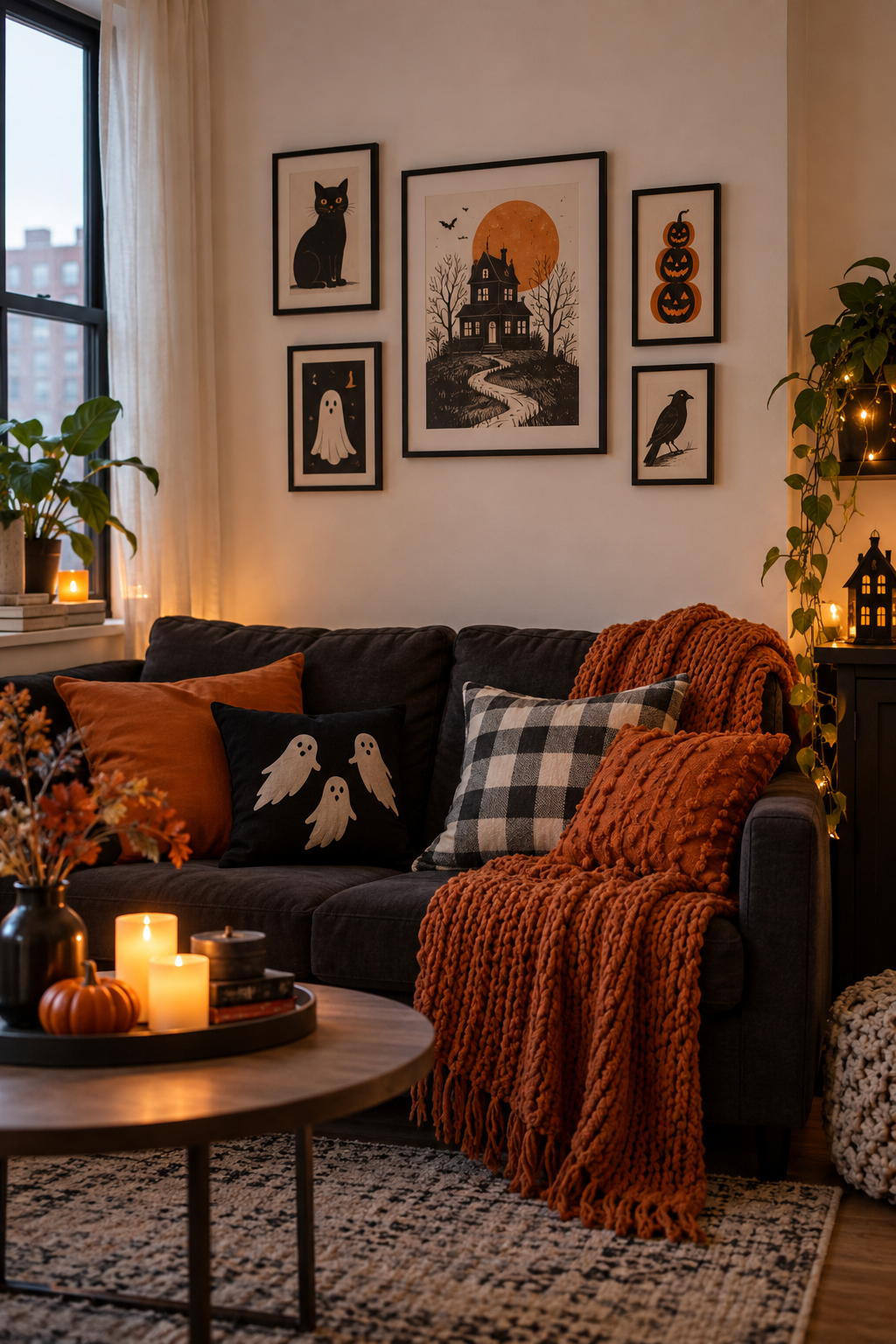 Hang Art with Removable Strips styled as Halloween apartment decor ideas
