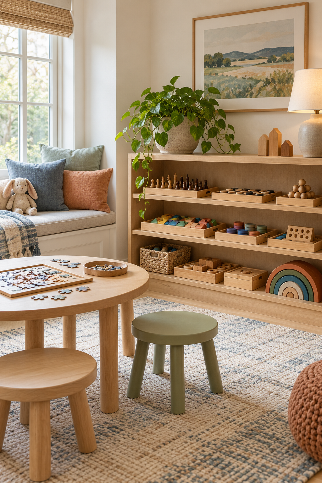 Add a Puzzle and Strategy Shelf in a stylish screen-free playroom