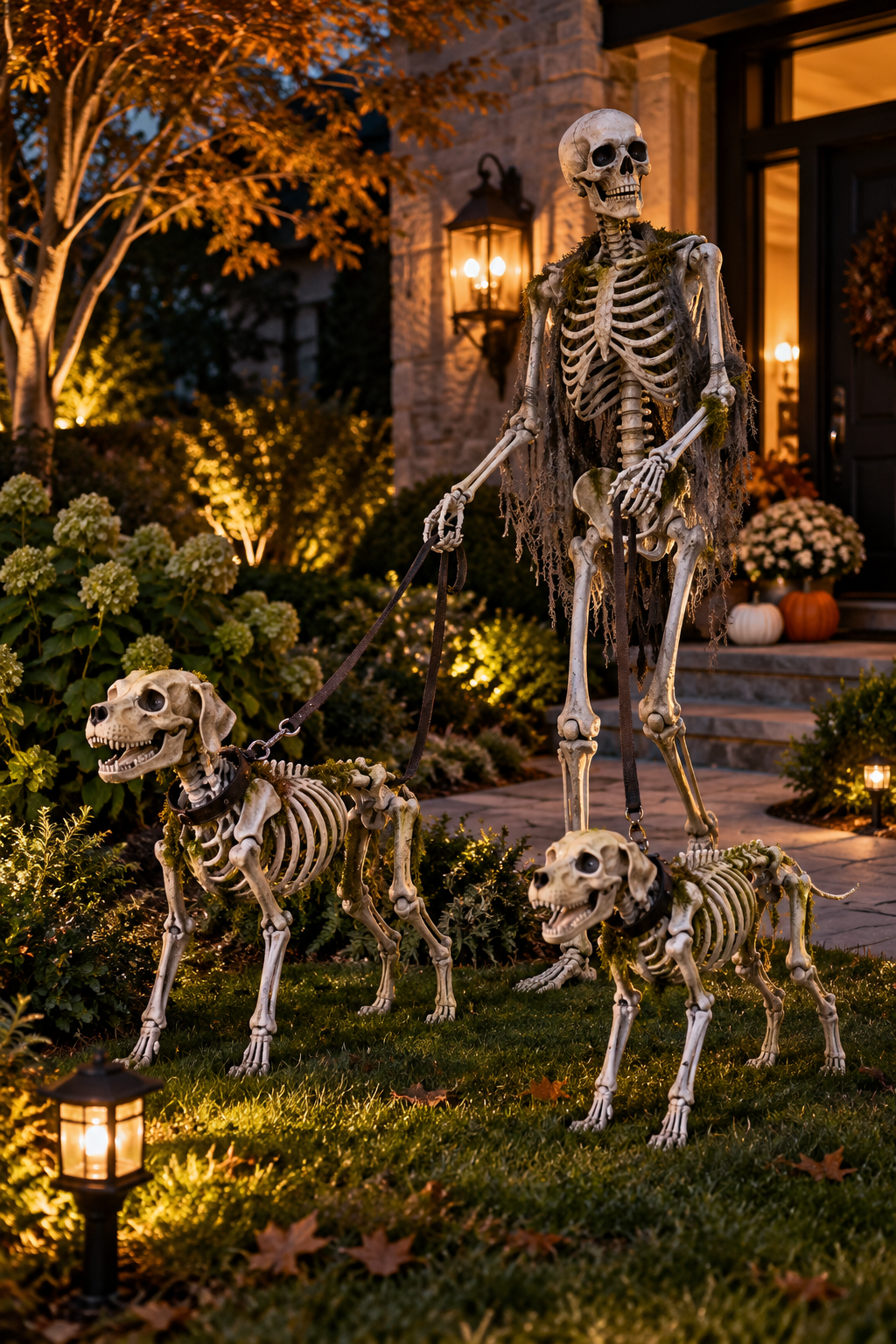 Stage a Skeleton Dog-Walking Scene styled as skeleton yard display ideas