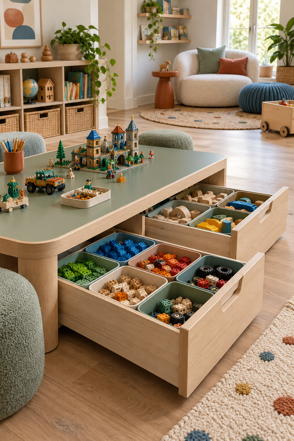 Use Deep Drawers for Building Sets in a stylish organized playroom
