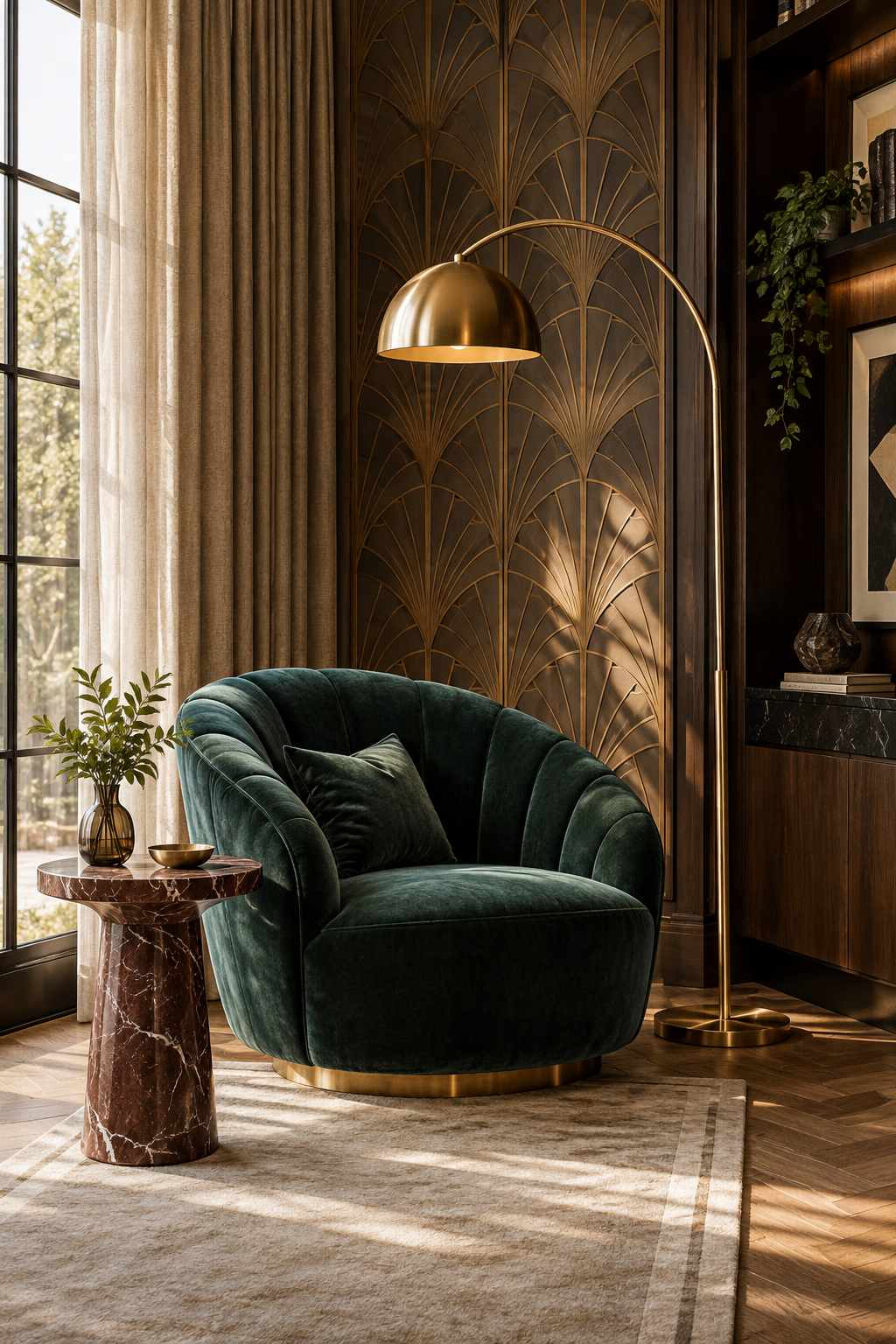 Neo Deco reading nook with a green velvet chair, red marble table and decorative screen
