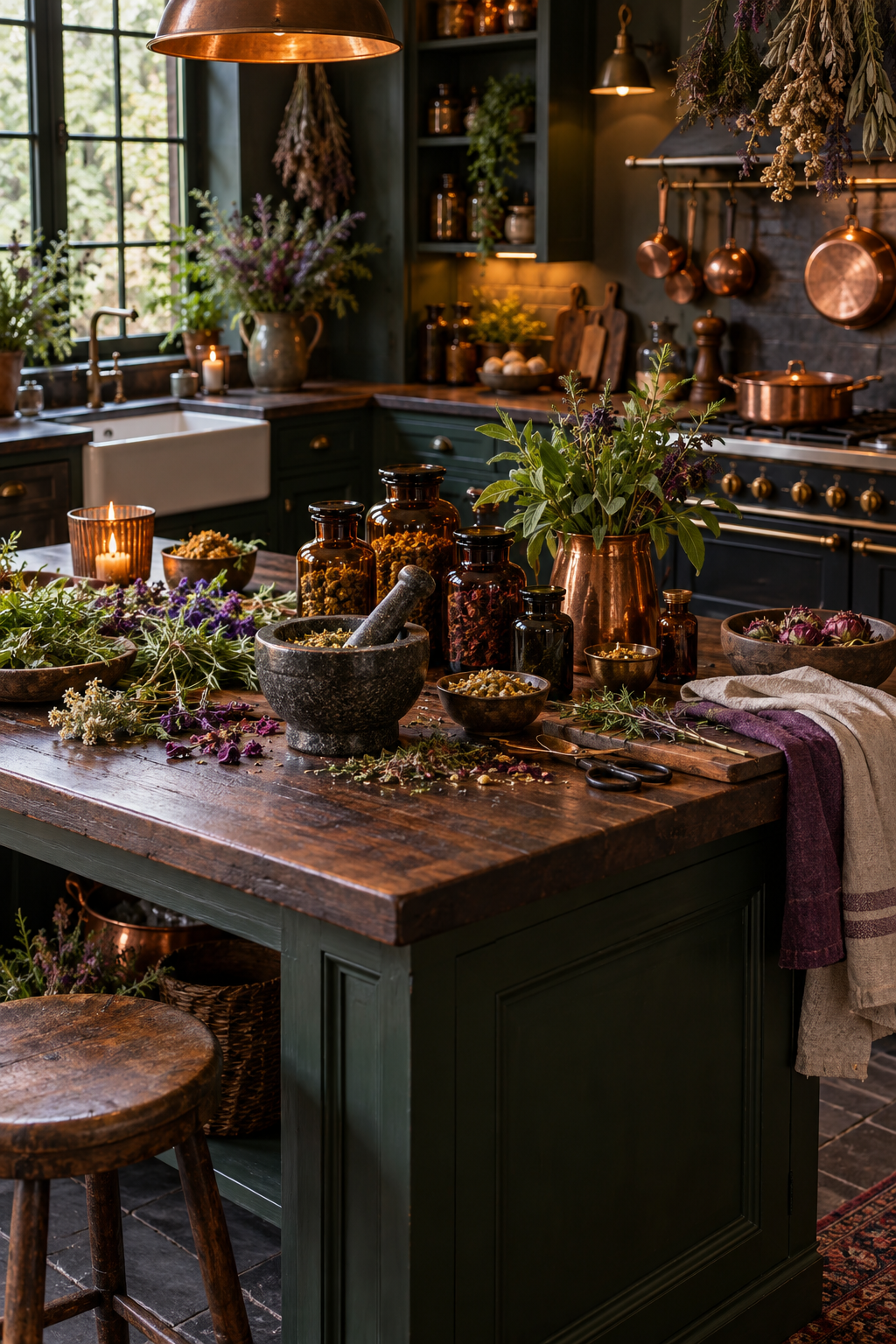 Turn the Island into an Apothecary Table styled as witchy kitchen decor ideas