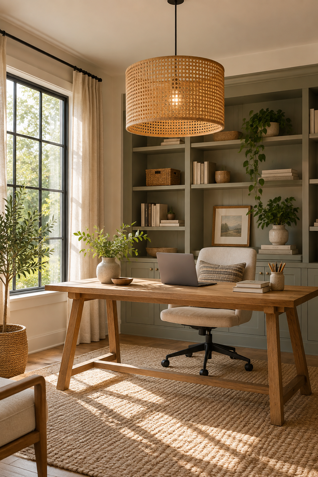 Use a Drum-Shaped Cane Pendant in a Home Office