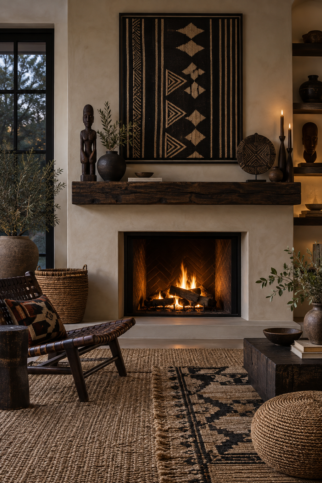 Afrobohemian fireplace with framed textile, dark wood mantel, woven baskets and layered natural rugs