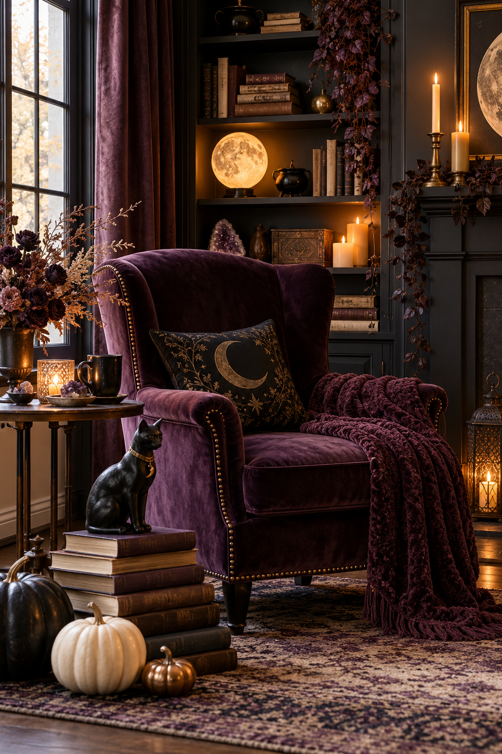 Style a Witch’s Familiar Reading Nook styled as black cat Halloween decor ideas