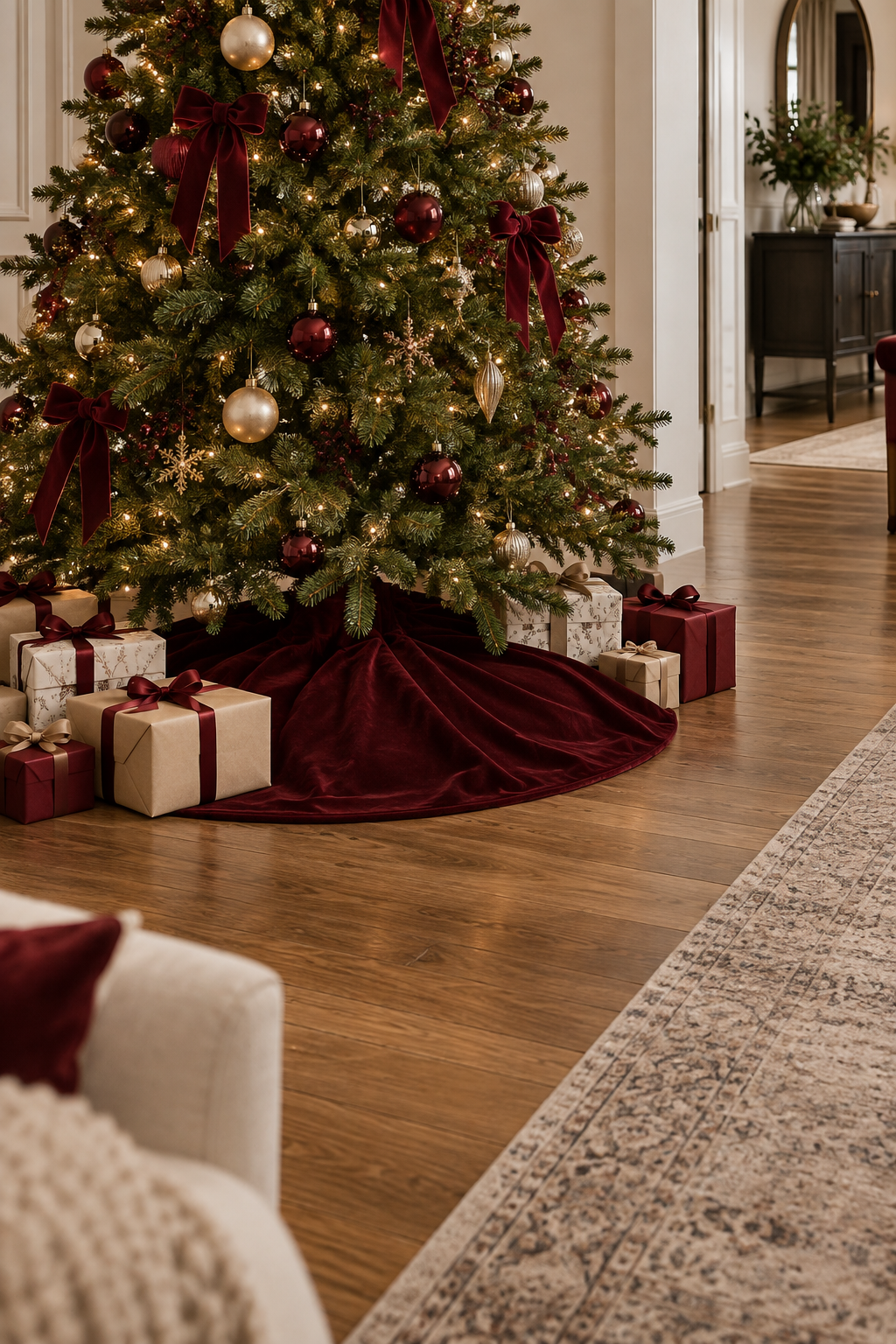 Burgundy Christmas tree skirt under green tree with coordinated gifts
