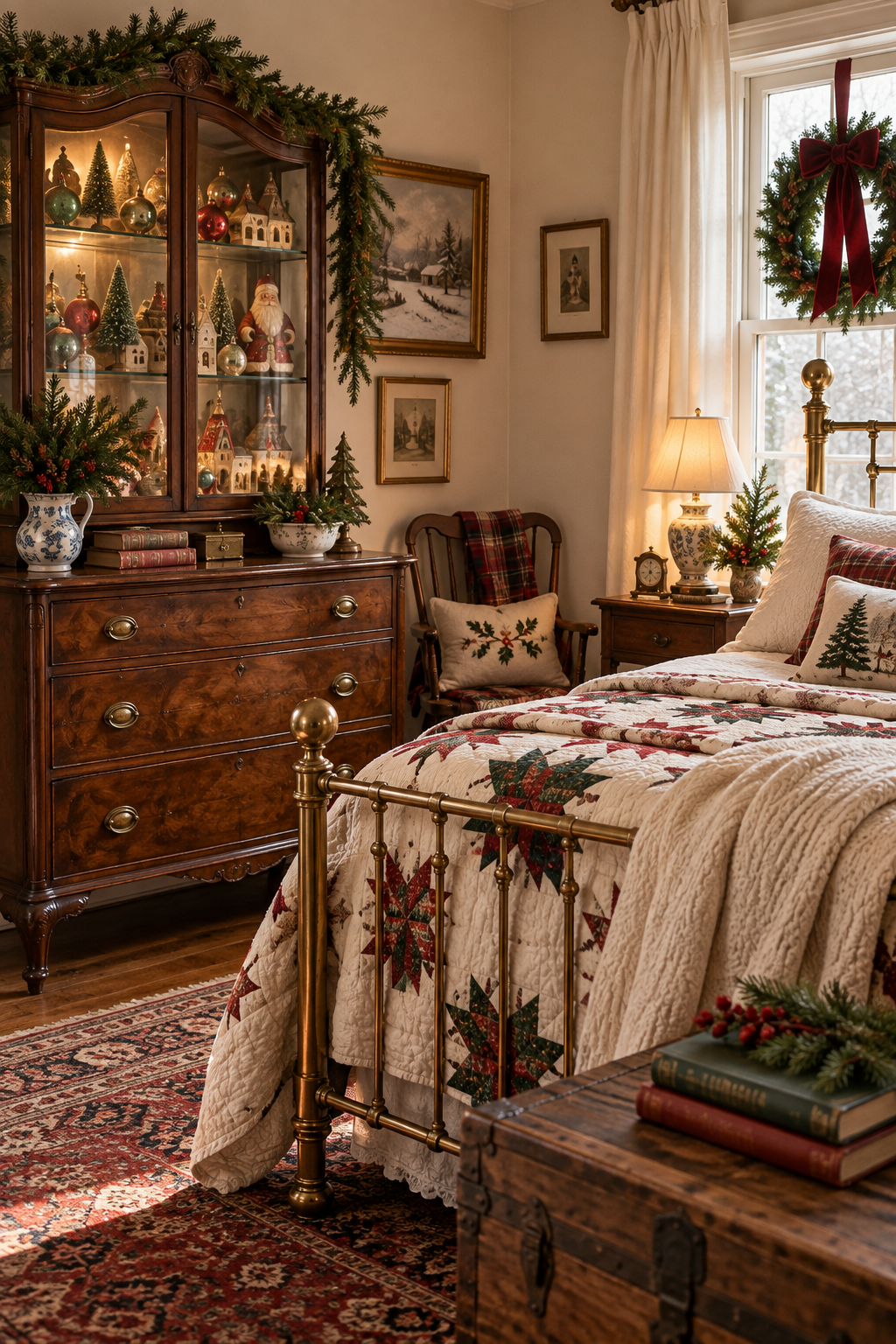 Vintage-inspired Christmas bedroom with antique dresser, quilt and nostalgic ornaments