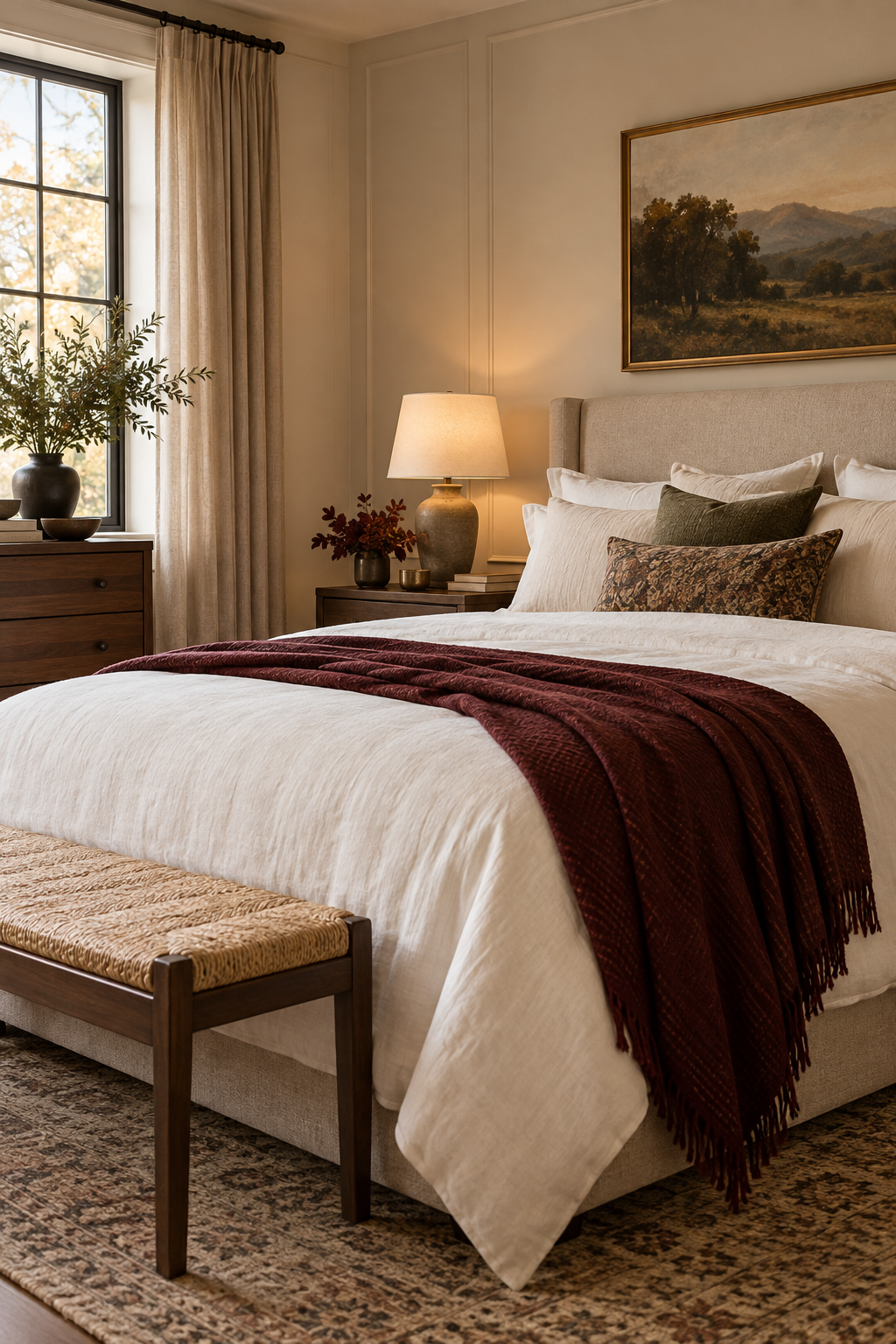 Burgundy accent cozy fall bedroom