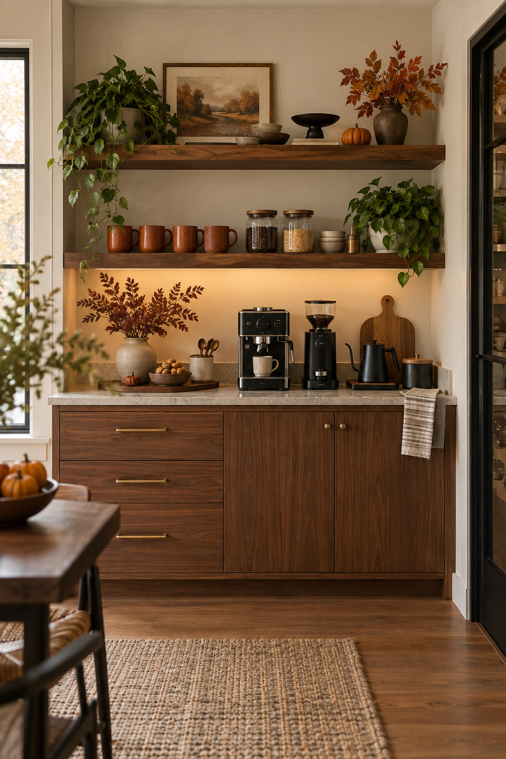 Modern fall coffee bar with black and walnut